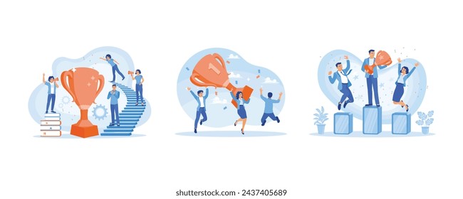 Colleagues celebrate victory. Dance under confetti while carrying big trophies. People standing on the podium. Success Business concept. Set Flat vector illustration.