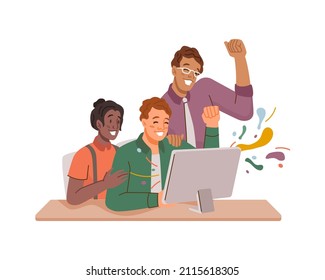 Colegas celebrando la culminación exitosa de los proyectos y los grandes logros en el trabajo. Amigos vectores por computadora personal vitoreando y sonriendo, sobregocijados triunfos de estudiantes. Caricatura plana