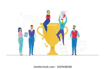 Colleagues celebrating victory - flat design style colorful illustration on white background. Metaphorical composition with office workers or business team holding a diploma, standing next to a cup