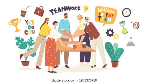 Colleagues Character around of Desk Connecting Hands before or after Successful Business Deal or Contract Signing. Office Team Triumph and Support Teamwork Concept. Cartoon People Vector Illustration