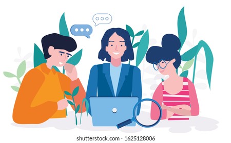 Colleagues characters communicating, brainstorming,  Vector illustration for web, discussion idea. Business meeting teamwork . Businessman and woman characters with laptop and green plants