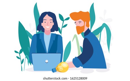 Colleagues characters communicating, brainstorming,  Vector illustration for web, discussion idea. Business meeting teamwork . Businessman and woman characters with laptop and green plants