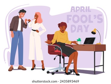 Colleagues Characters Sneakily Placed A Fart Pillow On Their Friend Chair On April Fools Day, Eagerly Awaiting The Hilarious Surprise As She Sat Down. Cartoon People Vector Illustration