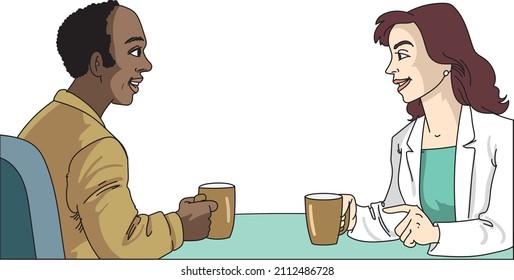 Colegas charlando durante descansos de café en una mesa