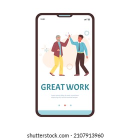 Los colegas aplauden y se felicitan entre sí con un gran trabajo - ilustración vectorial plana de pantalla incorporada. Plantilla de aplicación web con gente que da cinco como símbolo del trabajo en equipo.