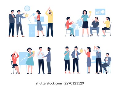 Colleagues clapping and congratulation. Applaud flat workers, office businepeople clap. Work progress, partnership and business process recent vector scenes