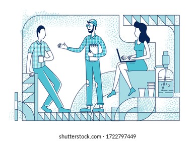 Colleagues at coffee break silhouette vector illustration. Creative studio designer communication outline characters on white background. Employees coworking space simple style drawing