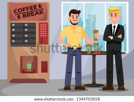 Colleagues at Coffee Break Vector Illustration. Male Character with Take Away Latte Cup. Coffee Vending Machine. Office Workers Drinking Tea. Characters during Workday. Boss and Worker Friendly Talk