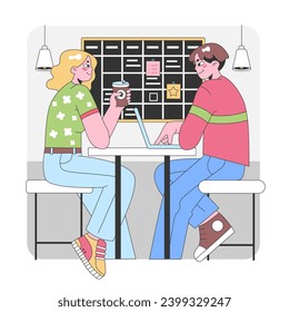 Colleagues collaborating in a cozy workspace. Sharing ideas over coffee, laptop-focused tasks, and a well-organized bulletin board. Casual work attire, engaging discussion. Flat vector illustration