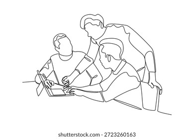Colegas que colaboran en una computadora portátil. Concepto de trabajo de Equipo. Diseño de dibujo de línea única. Ilustración gráfica de Vector