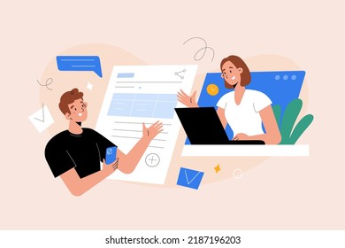 Colleagues collaborating on online documents in real-time, co-authoring edit concept, multiple people work together on a document simaltaneously using laptop, mobile app, vector cartoon illustration