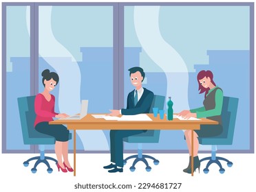 Los colegas se comunican y discuten el inicio durante la reunión en el cargo. Empresarios discutiendo ideas de negocios sentados juntos en la mesa de negociaciones. Inicio de planificación, concepto de finalización de nuevo proyecto