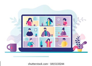 Colleagues communicate on video call. Business people discuss project on laptop screen. Concept of video conference, working from home and online meeting. Banner in trendy style. Vector illustration