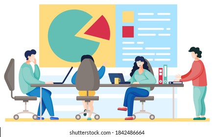 Colleagues communicate at the workplace. Office employees working with their laptops. Managers at work in a studio. People spend time together. Business data analysis. Marketing company staff meeting