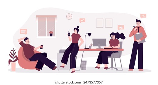 Colleagues communicate at workplace. Office staff working day. Workflow management. Teamwork, businesspeople spend time together. Business data analysis. Daily work process in big company. flat vector