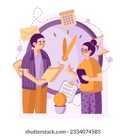 Colleagues communicating during planned staff meeting. Freelancer taking notes in diary. Office productivity, workflow. Business plan. Flat vector illustration in purple colors
