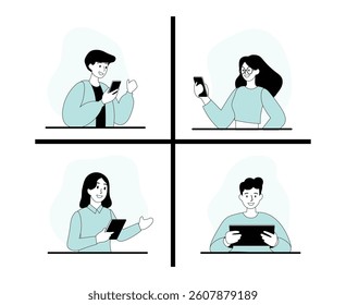 colleagues communicating with each other via mobile devices. long distance communication. friends video calling each other
