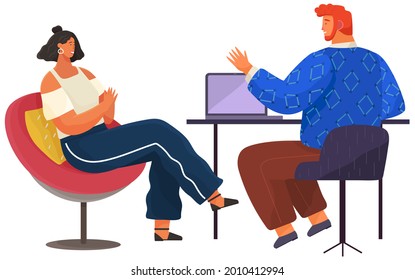 Colleagues communicating isolated on white background. Smiling people discuss working with technology. Man and woman have dialogue, talk, relax together. Communication, conversation at workplace