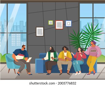 Colleagues are communicating. People discussing working questions. Employees during work. Men have dialogue, talk, relax in studio. Communication, conversation at workplace business manager meeting