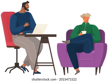 Colleagues are communicating. People discussing working questions. Employees during work. Men have dialogue, talk, relax in studio. Communication, conversation at workplace business manager meeting