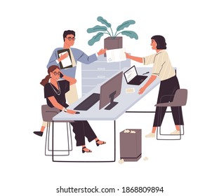 Colleagues communicating at workplace. Happy people talking on phone, working with computer, laptop and paper documents in modern office interior. Flat vector illustration isolated on white background