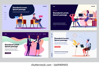 Colleagues communication set. Employees chatting online, shaking hands, sending email. Flat vector illustrations. Cooperation, communication concept for banner, website design or landing web page