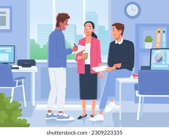 Colleagues of company are discussing the project in the office. Teamwork. Brainstorm. Vector illustration in flat style