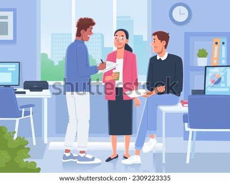 Colleagues of company are discussing the project in the office. Teamwork. Brainstorm. Vector illustration in flat style