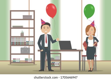 Colegas felicitando por su cumpleaños. Ilustración vectorial.