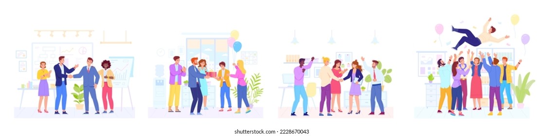 Colleagues congratulations. Colleague clapping congratulate to coworker, corporate birthday celebration office party best youthwork employee achievement vector illustration of business team success