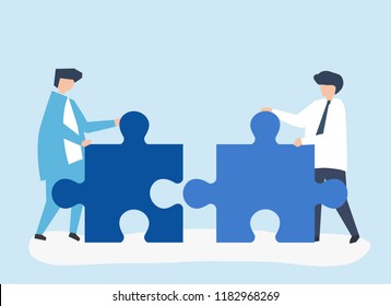 Colleagues connecting jigsaw pieces together