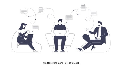 Colleagues cooperate and working in office. Manager gives tasks to employees. Freelancers work online in coworking. Teamwork in business. Vector graphic illustration isolated with character design
