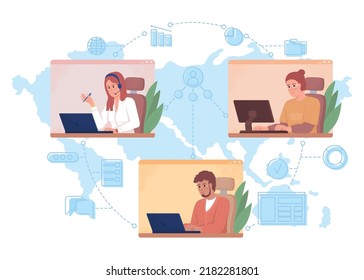 Colleagues cooperation 2D vector isolated illustration. Video call. Remote workers collaboration flat characters on cartoon background. Colourful editable scene for mobile, website, presentation