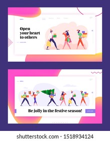 Colleagues Corporate Party Event Website Landing Page Set. Happy Business People Carry Christmas Tree and Gifts for Winter Season Holidays Celebration Web Page Banner. Cartoon Flat Vector Illustration