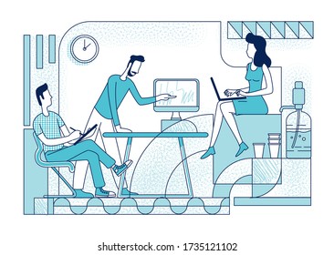 Colleagues coworking silhouette vector illustration. Creative studio designers collaboration outline characters on white background. Employees in modern open office simple style drawing