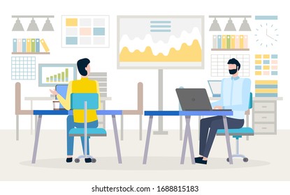 Colleagues at desk with laptops, office interior vector. Graphics or charts, document folders and clock, shelves and tables, business and analytics