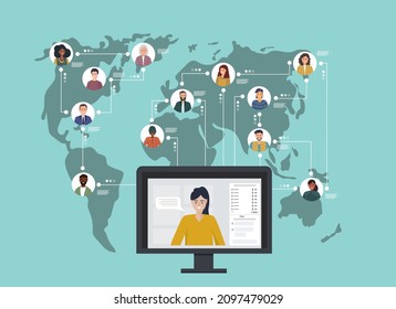 Colleagues from different countries work together online. Working and friendly communication. Connecting people in the app and messengers. Working together remotely. Vector flat illustration
