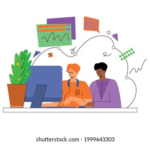 colleagues of different nationalities work on the project at the computer, common work, team work. Male colleagues, brainstorming. vector illustration for business