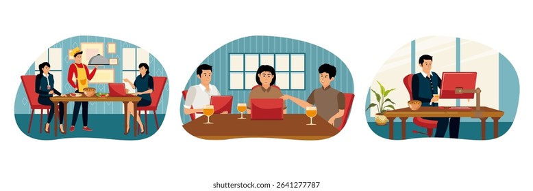Colleagues dining together while discussing work. Collaborative Team engage in a friendly discussion at a table. Man in a modern office setting working on a computer.