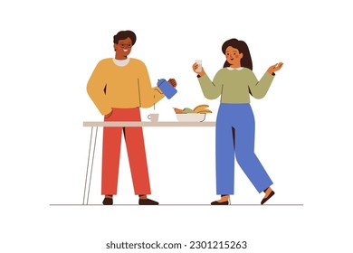 Los colegas discuten negocios o noticias en la pausa para el café en la oficina. Hombre y mujer hablando y comiendo en la cocina. Amigos charlando sobre chismes en casa. Amistad y concepto de comunicación laboral. Vector