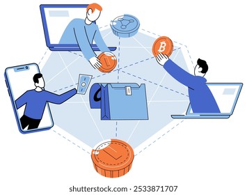 Colleagues discuss cryptocurrency market analytics. Investment in internet currency and blockchain technology. Employees work in mining and exchange of digital money on trading platform, marketplace