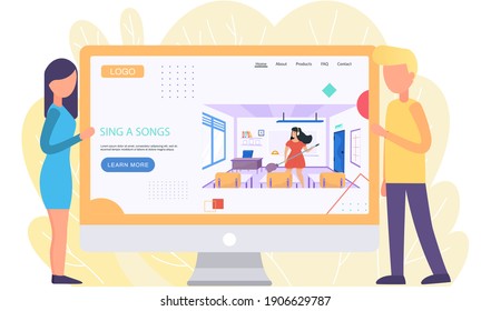 Colleagues discuss musician with headphones imagining guitar and playing in class on screen. Website about song singing. Couple looking at monitor depicting girl cleaning at school and playing music