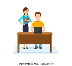 Colleagues discuss project in the workplace, man shows the project on the notebook to her partner, process teamwork and partnership between employees. Vector illustration isolated on white background.