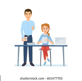 Colleagues discuss the project in the workplace, Teamwork and partnership between employees, the girl shows the project on the tablet to her partner. Vector illustration isolated on white background.