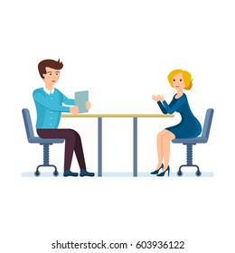 Colleagues discuss working issues in office, sitting at the desk of cabinet, man holding a tablet, process teamwork and partnership between employees. Vector illustration isolated on white background.