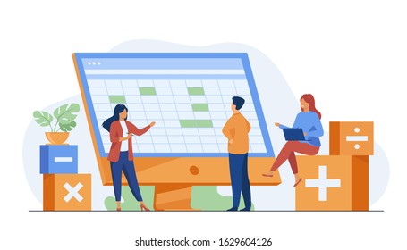 Colleagues discussing accounting statistics report using software vector illustration. Bookkeeping and audit for annual and financial reporting concept for business presentation slides