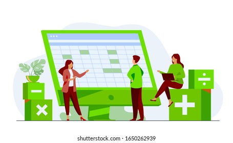 Colleagues discussing accounting statistics report using software vector illustration. Bookkeeping and audit for annual and financial reporting concept for business presentation slides