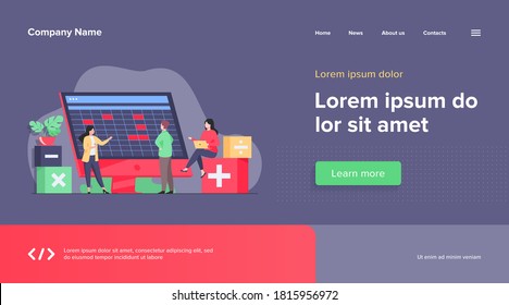 Los colegas que discuten estadísticas de contabilidad informan usando ilustraciones de vector de software. Mantenimiento de libros y auditoría para el concepto de presentación de informes anuales y financieros para las diapositivas de presentación de las actividades