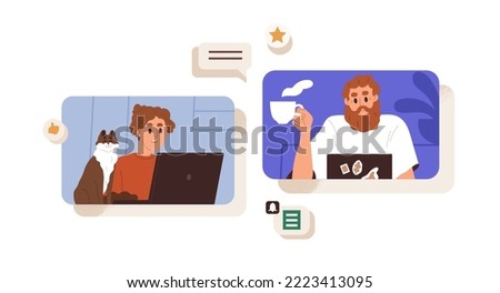 Colleagues discussing business project during online call, video conference, working with laptops from home. Remote work communication concept. Flat vector illustration isolated on white background.