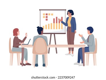 Colleagues discussing business strategy semi flat color vector characters. Editable figures. Full body people on white. Seminar simple cartoon style illustration for web graphic design and animation